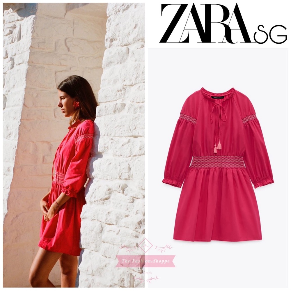 NWOT Zara fushia pink poplin smocked dress M medium